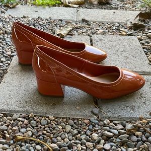 Vegan patent leather rust orange chunky heel pumps